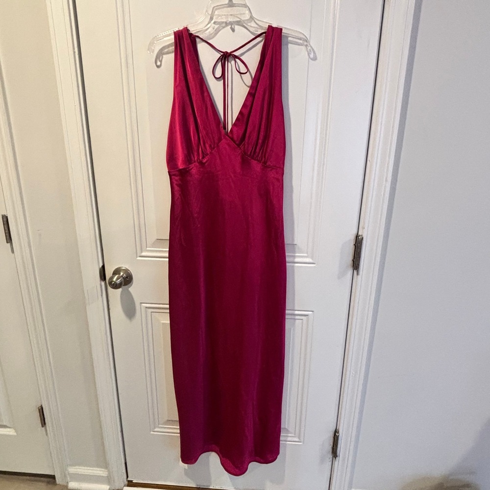 NWT Abercrombie & Fitch Women Midi Dress Sz Large P Magenta Pink Satin Cowl Back